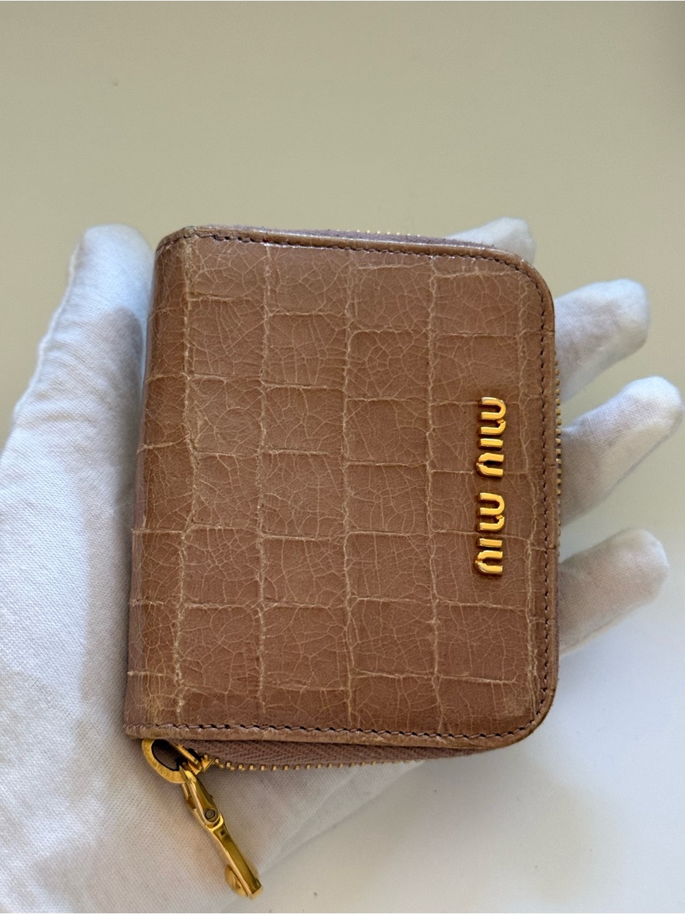 Authentic Miu Miu crocodile embossed leather mini zippy wallet